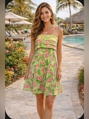 Lilly Pulitzer Floral Green & Pink Strapless Dress Style 8723 Womens size Medium